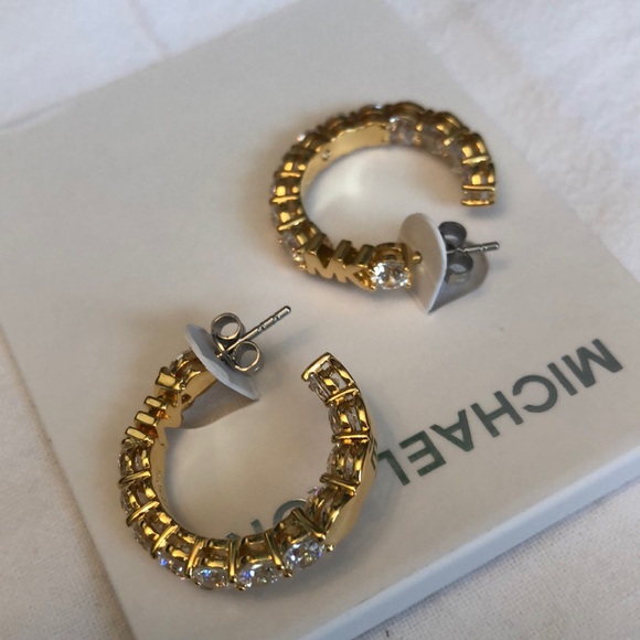Michael Kors Gold Tone MK Logo & Cubic Zirconia Hoop Earrings NWT - Picture 7 of 16
